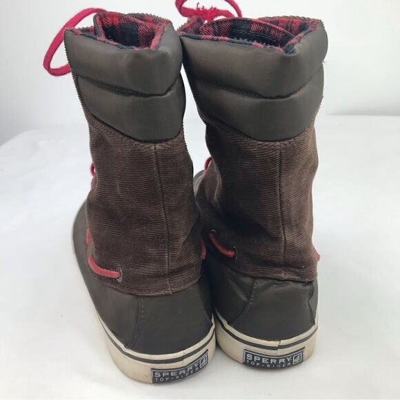Sperry Top Sider Brown Corduroy Canvas Red Flannel Plaid High Top Sneaker Shoes - Picture 8 of 15